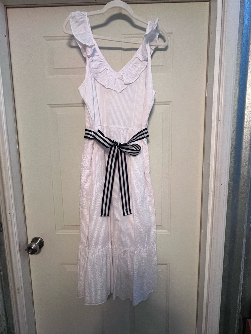 Vineyard Vines for Target NWT White Ruffle Strap Midi Dress with Striped Belt